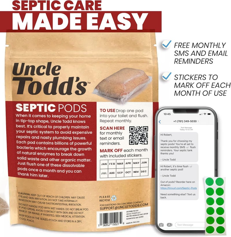 Uncle Todd's Septic Tank Treatment Pods - (12-Month Supply) - Powerful Enzyme & Live Bacteria Formula to Prevent Backups & Odor, Eco-Friendly Dissolvable Pods Safe for All Septic Systems - Image 2